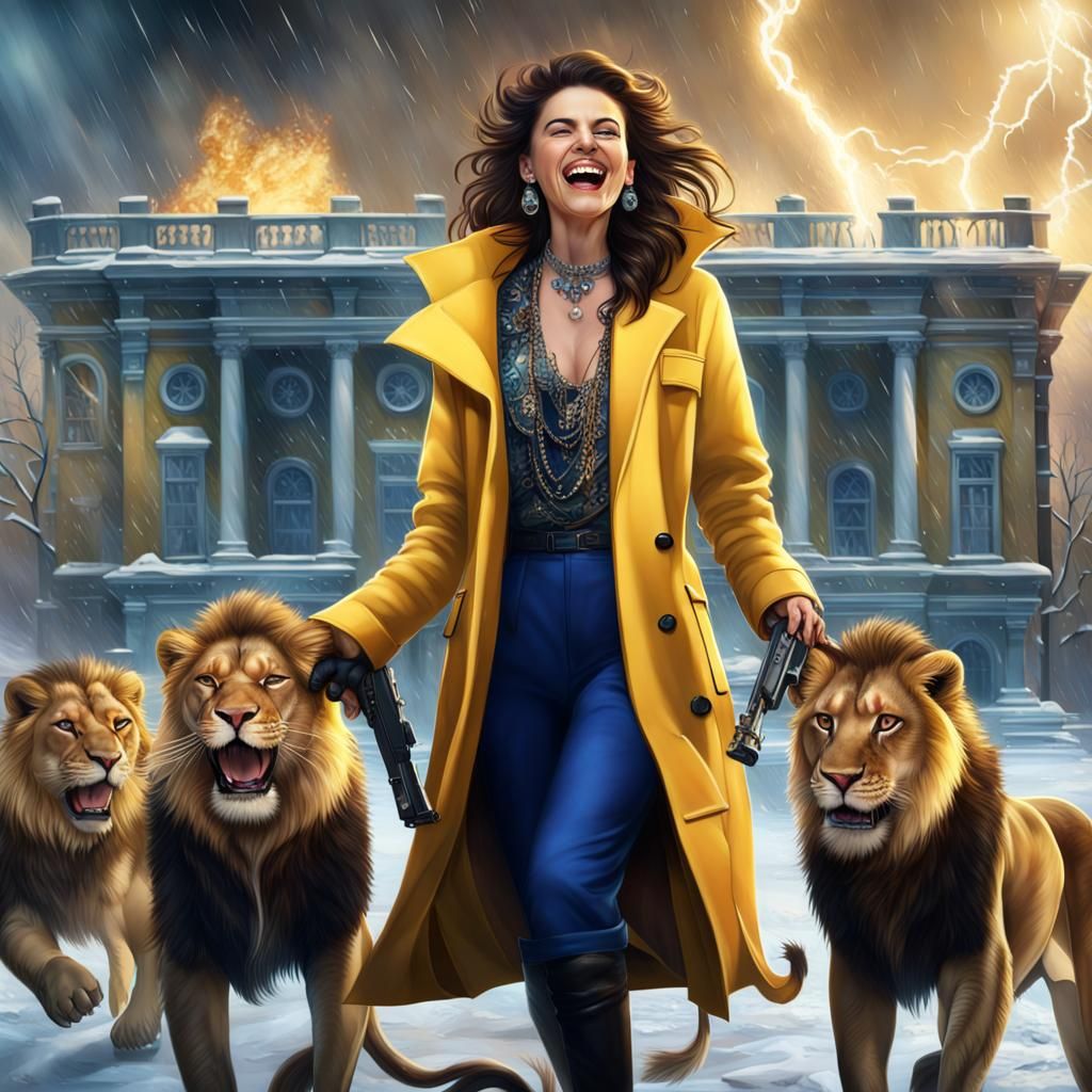 Female Gangster with Lions in Snowy Palace