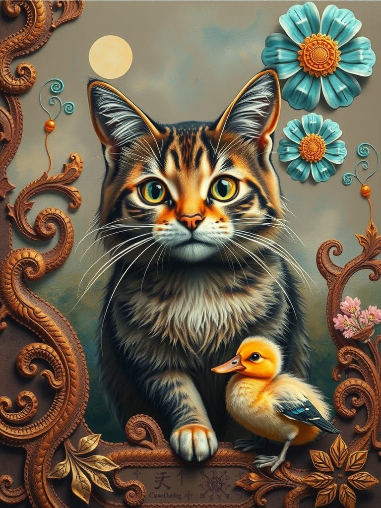 Cat with Duckling in Surreal Kintsugi Style