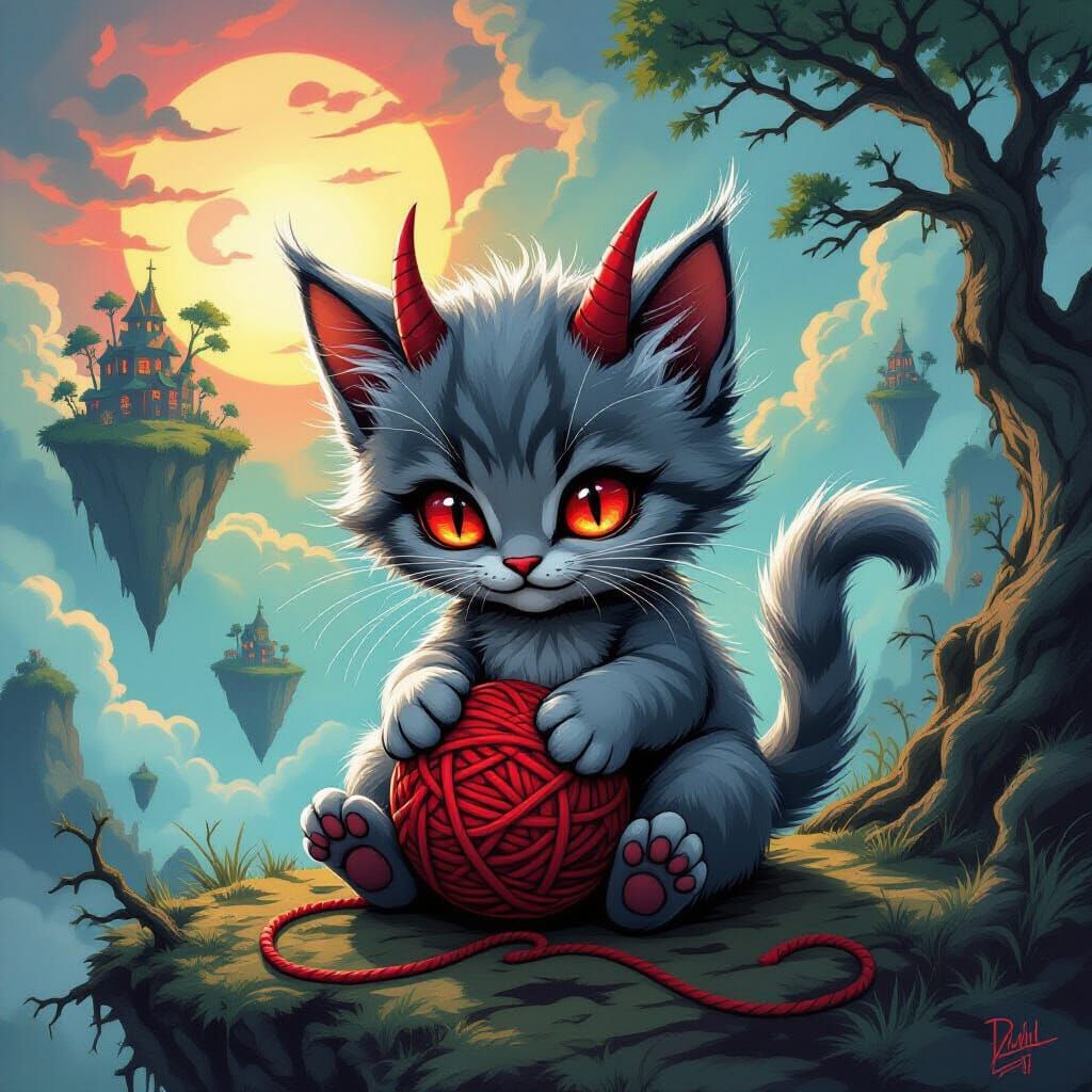 Dream Demon Kitten in Surreal Dreamscape as Dark Fantasy Art