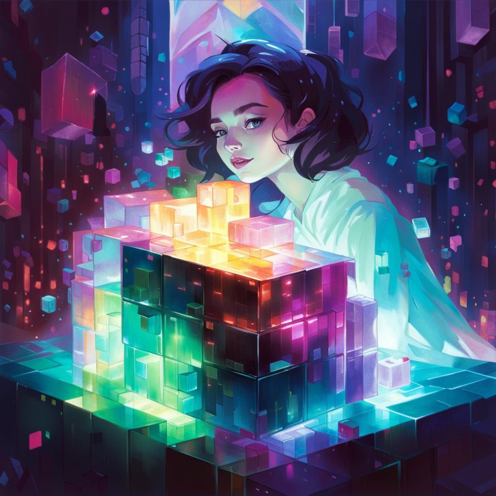 Woman and Glowing Cube in Digital Art Style