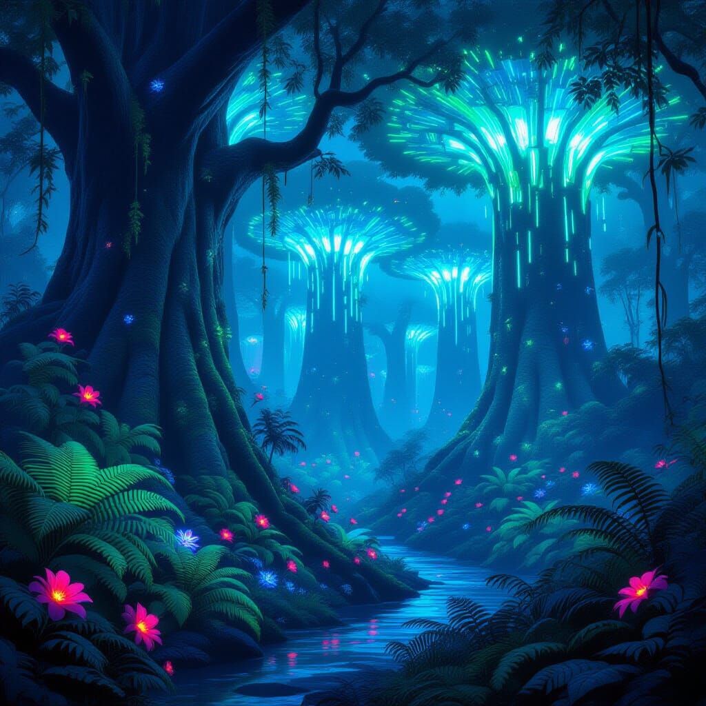 Bioluminescent Rainforest with Glowing Flora, Digital Art