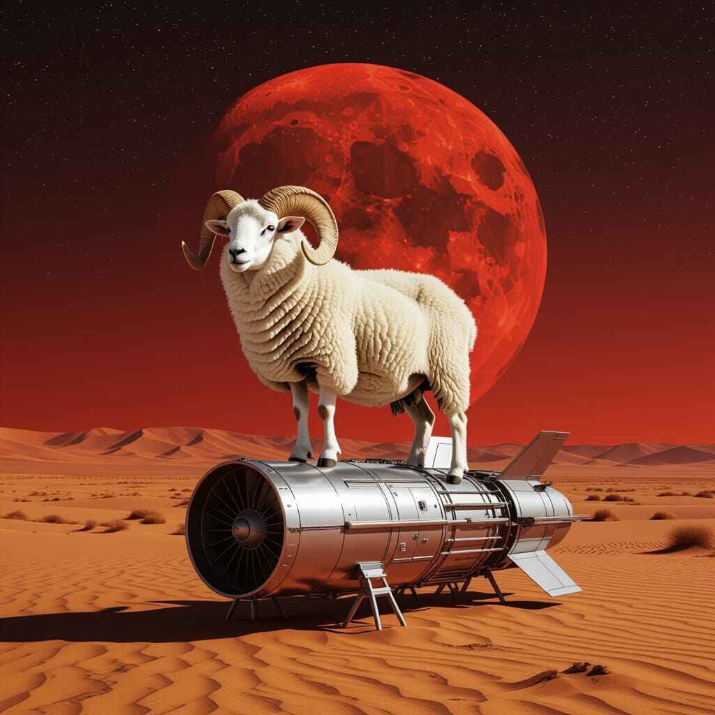 White Horned Sheep on Spaceship Engine with Red Moon