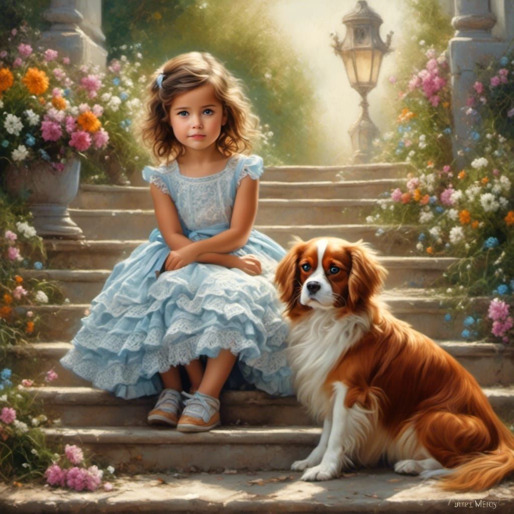 Sweet One-Year-Old Girl with Dog, Digital Painting