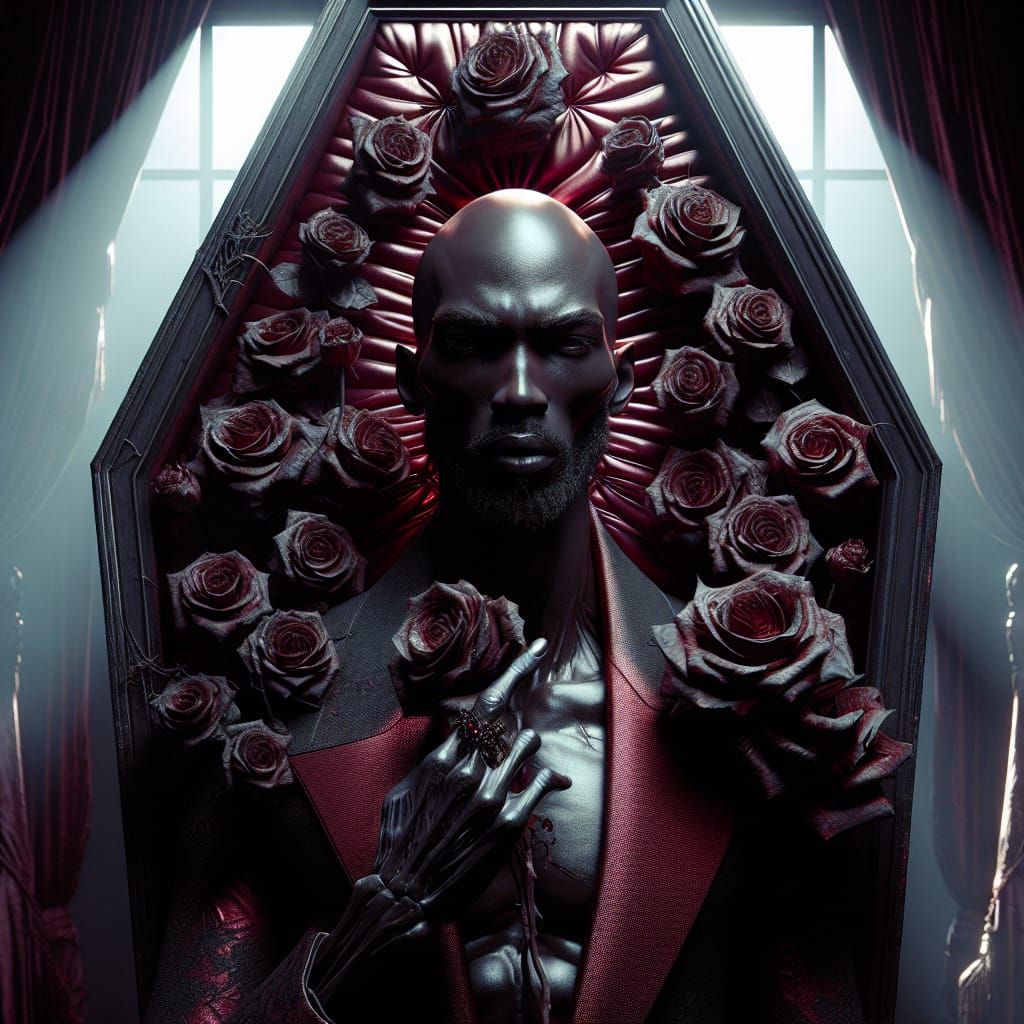 Bald Afrovampire Rises with Black Roses in Horror Scene