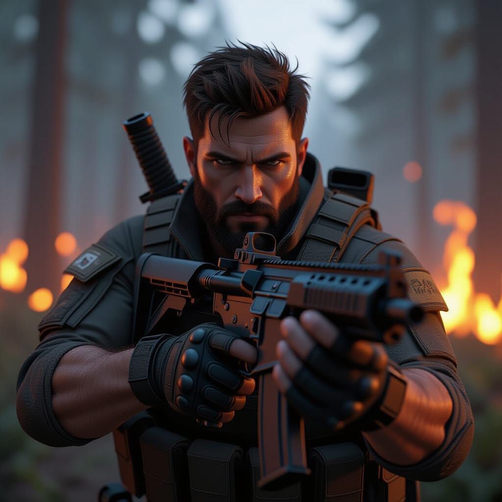 Soldier in Fiery Forest, 3D Game Cinematic Style