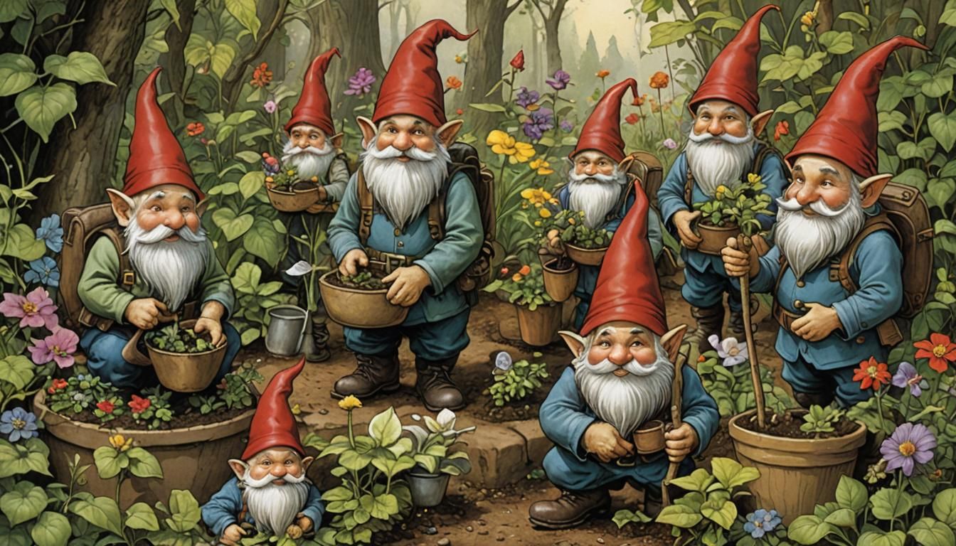 Whimsical Gnomes Tend a Lush Garden in Fantasy Art