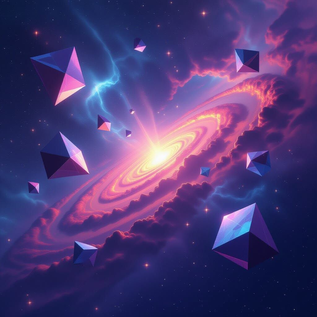 Surreal Cosmic Landscape with Floating Geometric Shapes
