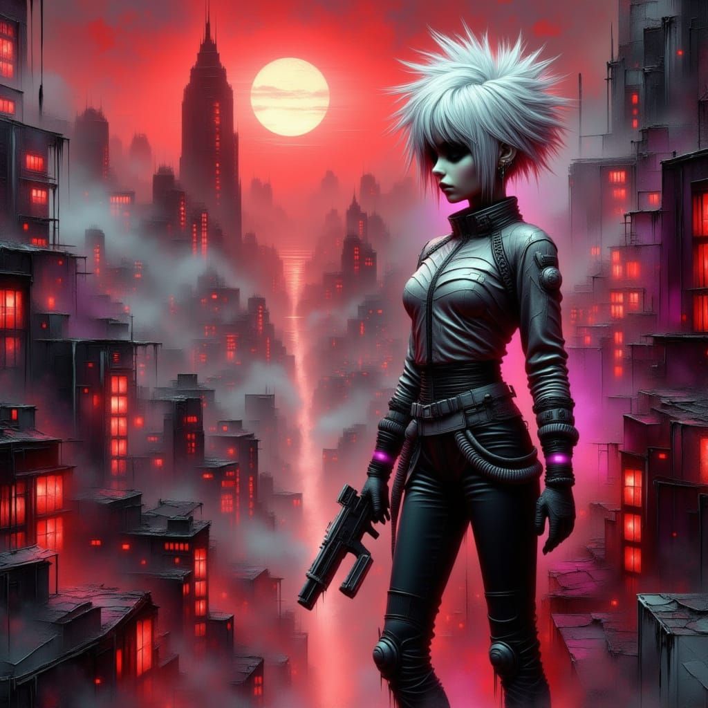 Cyborg Warrior in Cyberpunk City Under Crimson Sky
