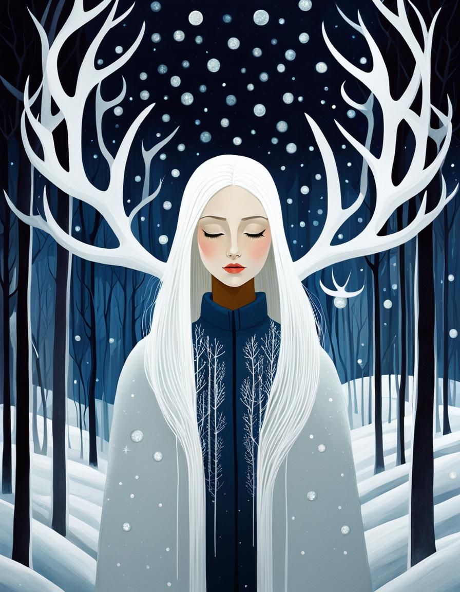 Moonlit Woman with Antlers in Snowy Forest