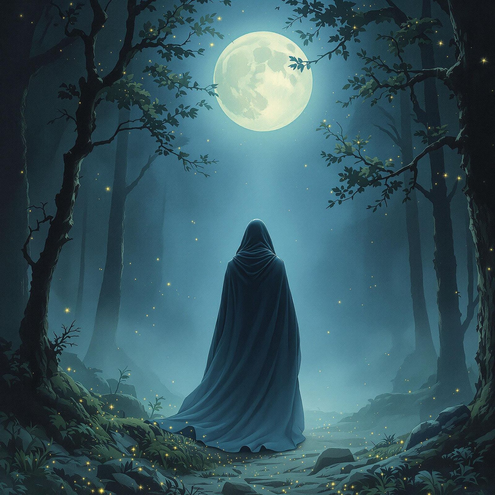 Mystical Figure Under Starry Night Sky