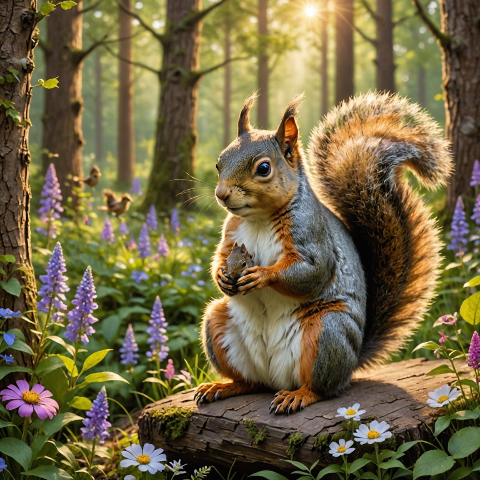 Squirrel Comforts Bird in Whimsical Forest Scene