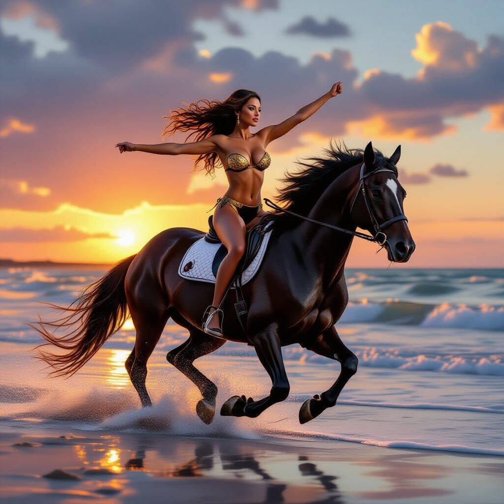 Woman on Horseback at Sunset
