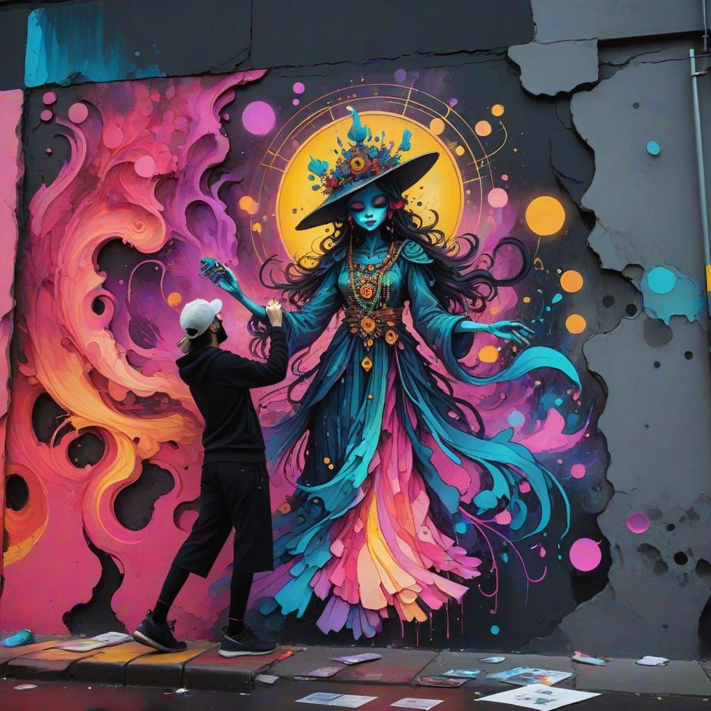 Glitching Deity Mural in Glitchcore Art Style