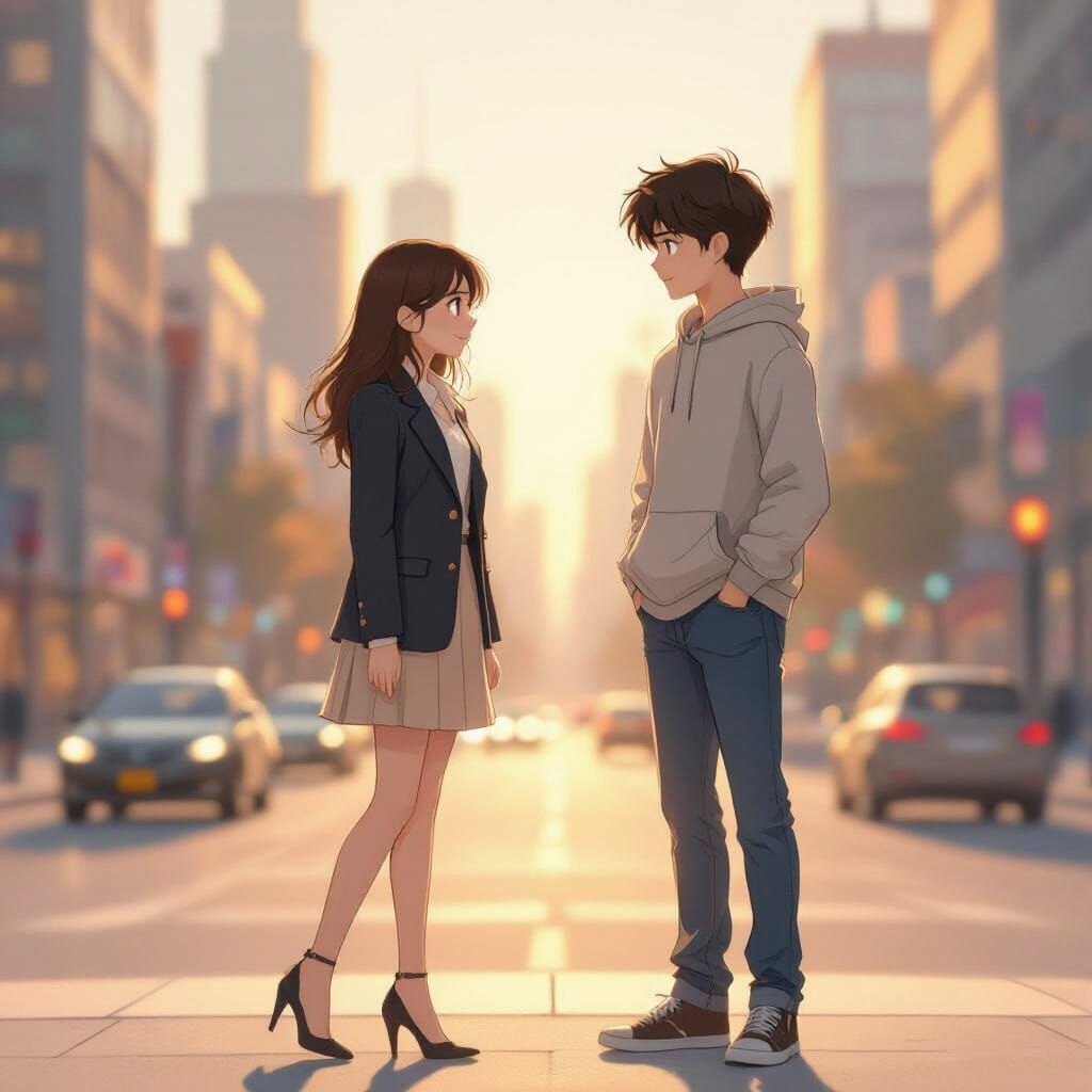 Golden Hour Cityscape with Couple in Soft, Dreamy Style
