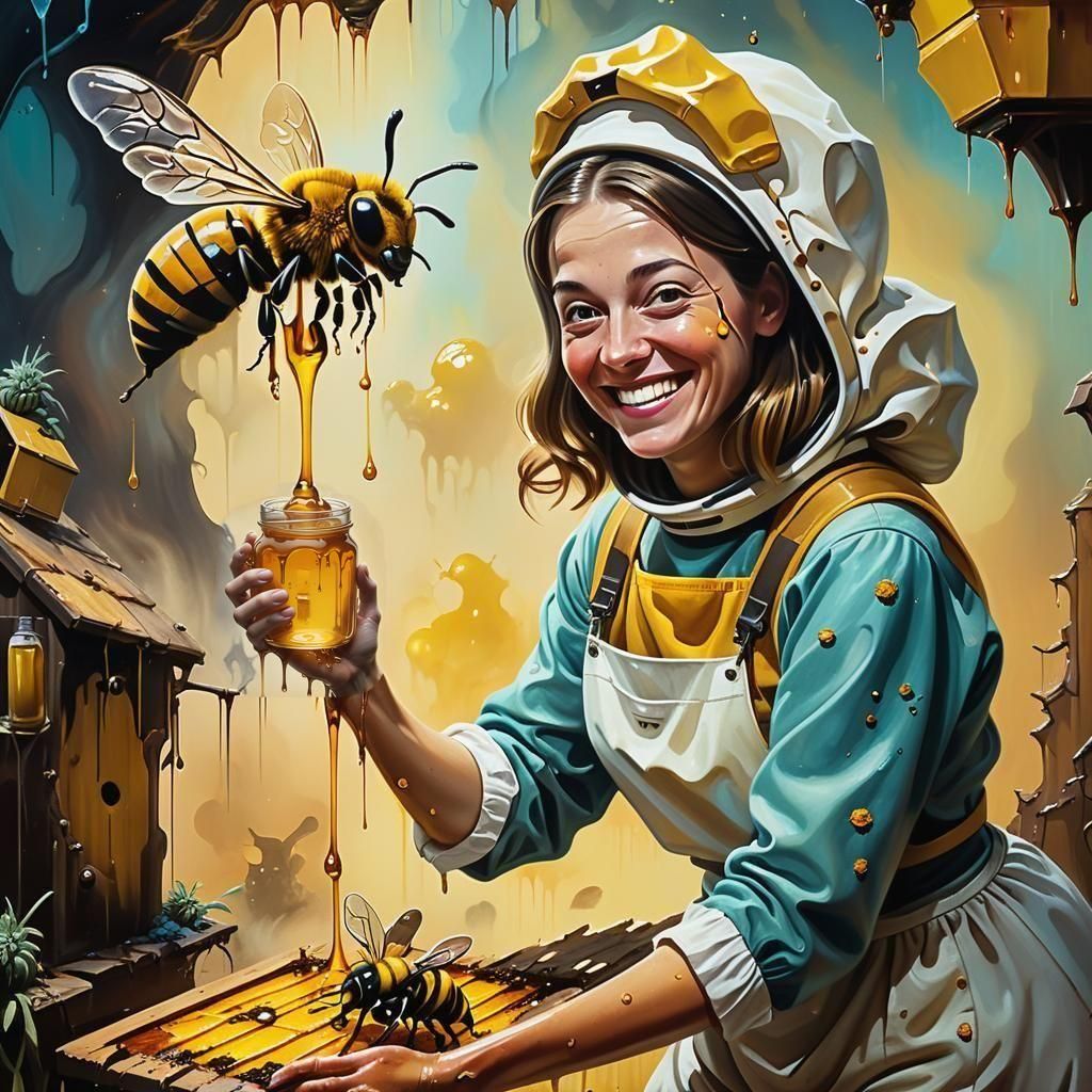 Honey Jar Dripping in Surreal Oil Painting Style