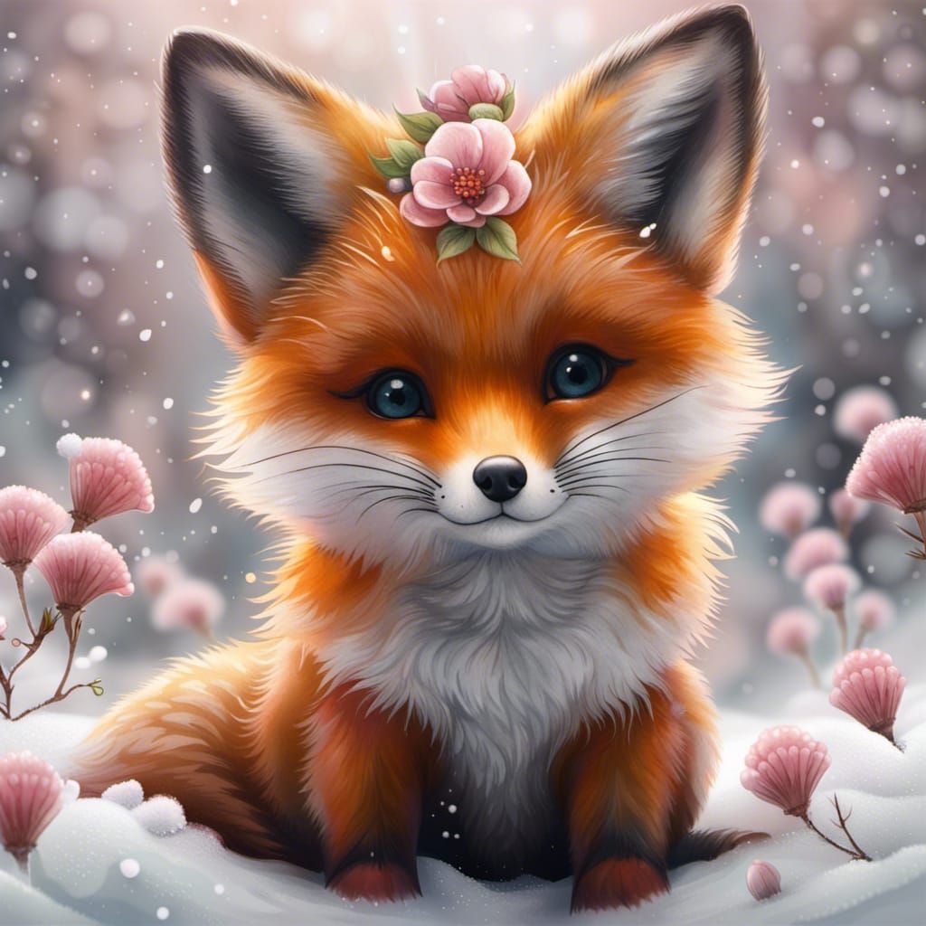 Kawaii Baby Fox in Snow with Flowers