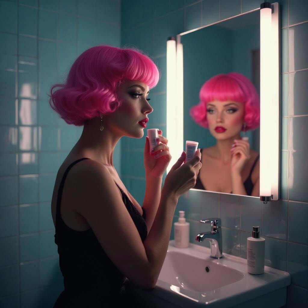 Grim Woman with Pink Hair Before Mirror in Dramatic Light