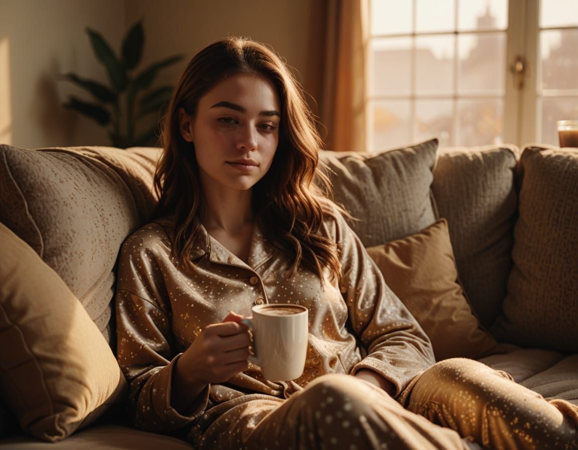Cozy Morning: Girl with Coffee and Cake