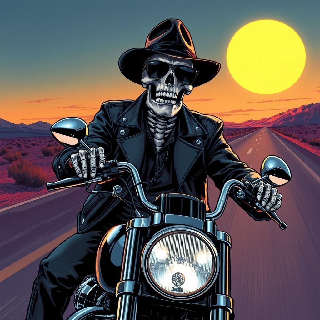 Skeleton Gangster Rides Motorcycle in Neon-Noir Comic Style
