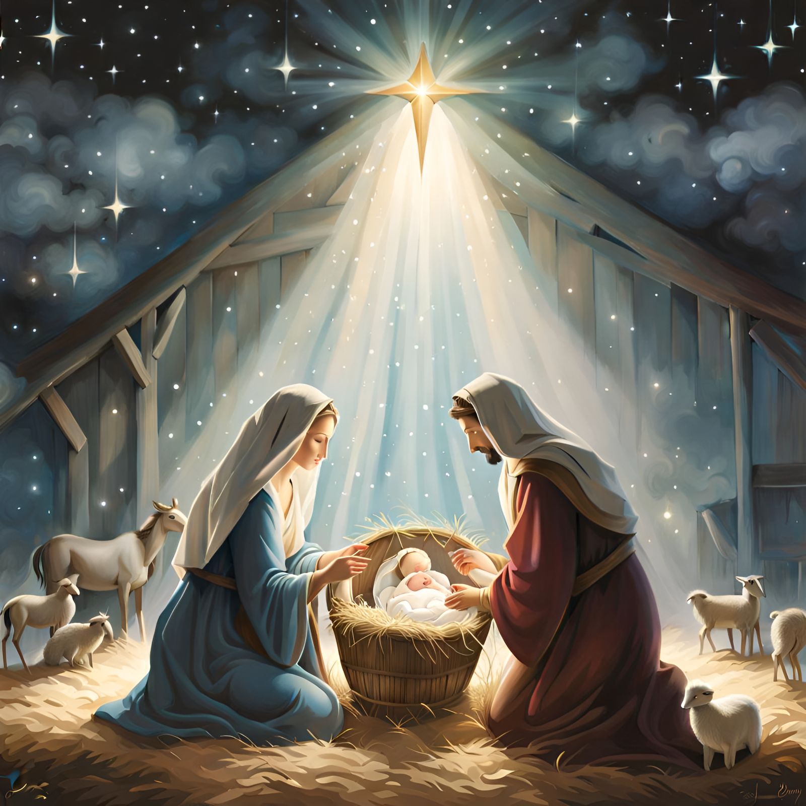 Nativity Scene: Mary, Joseph, Jesus in Stable