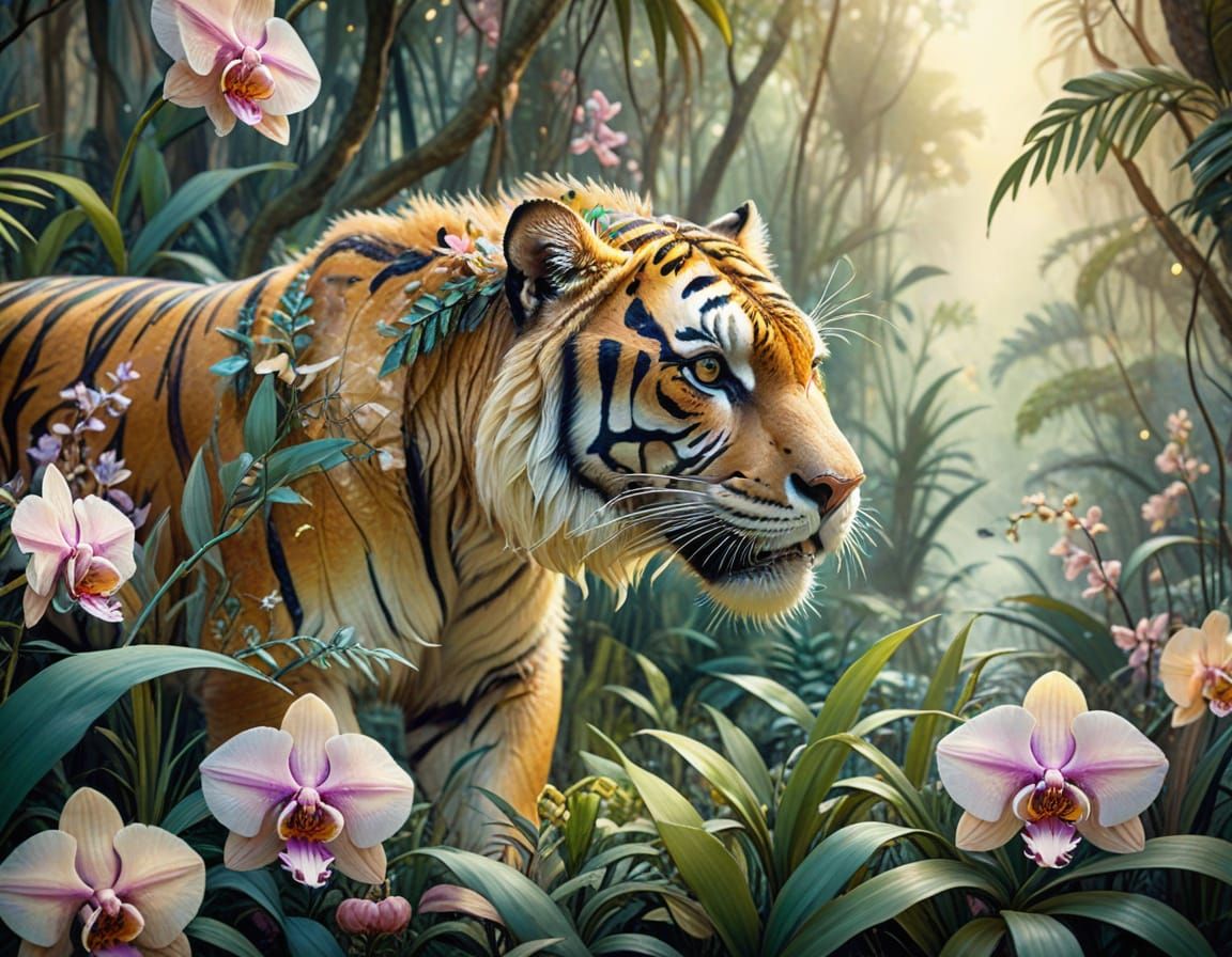 Saber-Toothed Tiger in Watercolor Fairytale Jungle