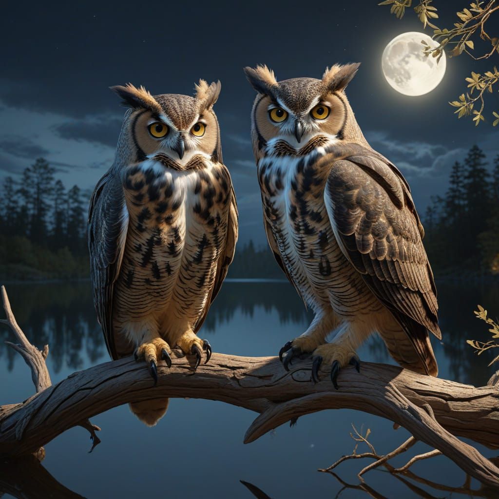 Majestic Owls Over a Tranquil Moonlit Lake in Realistic Deta...