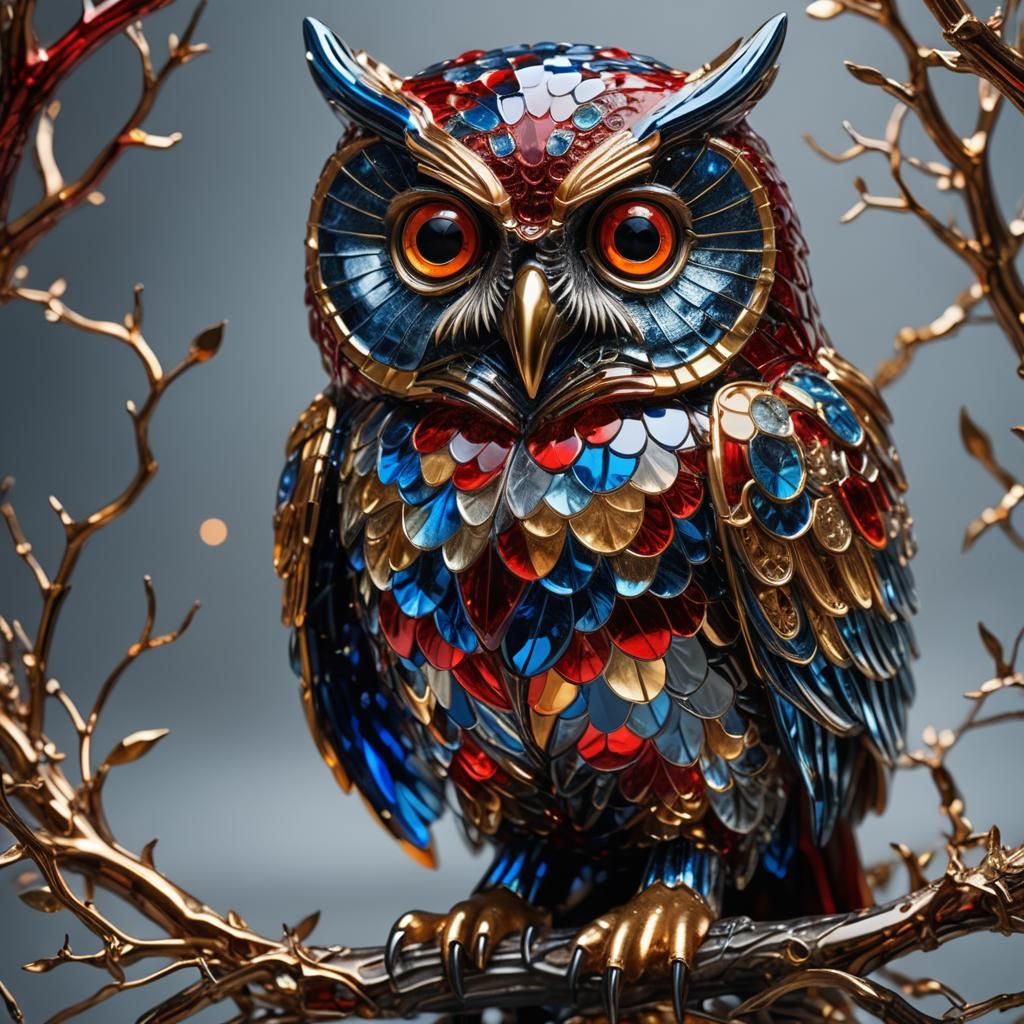 Sparkling Glass Owl Sculpture in Red, Gold, and Blue