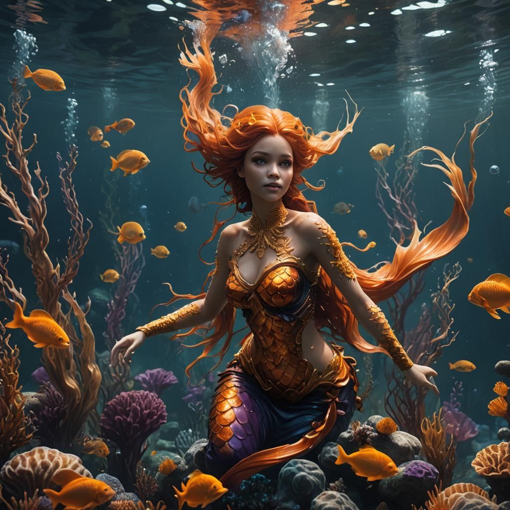 Realistic Orange Mermaid Underwater in Detailed Matte Painti...