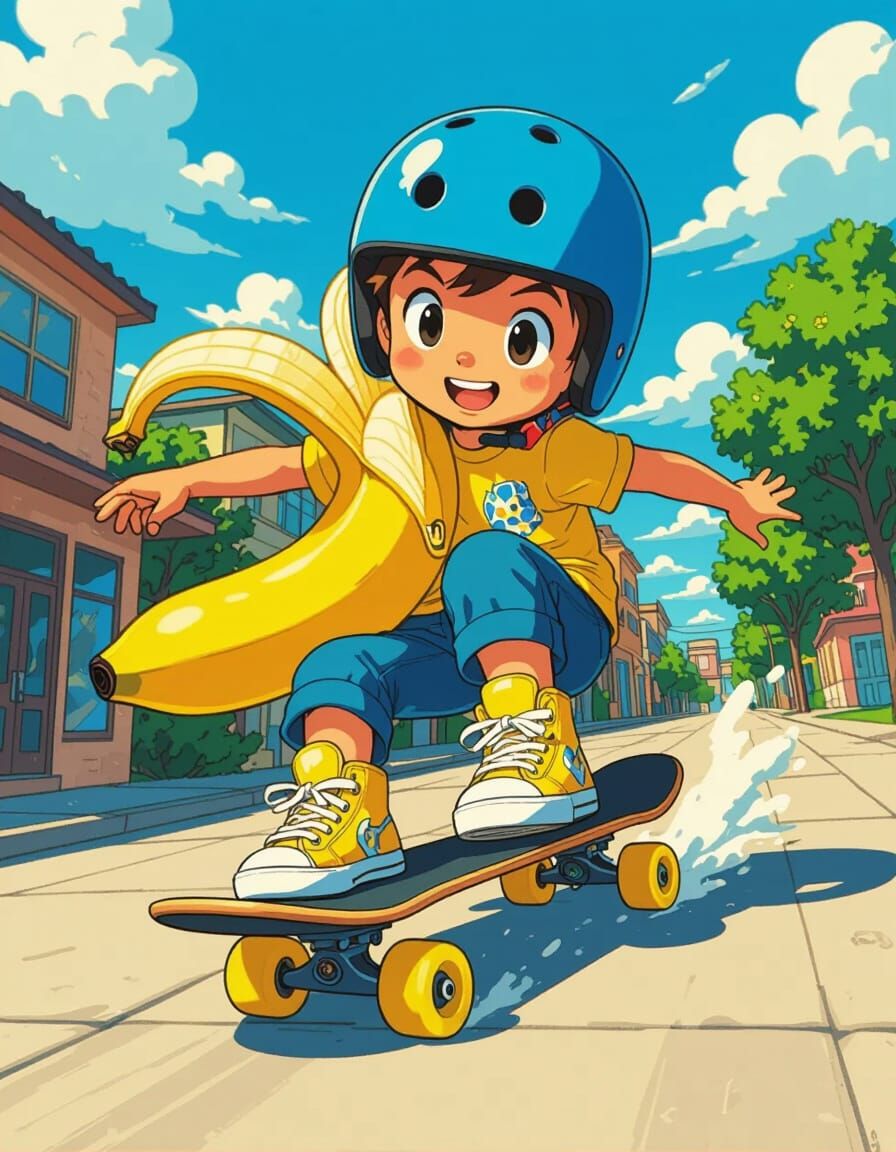 Banana Kid Skateboarding in Pop Surrealist Style
