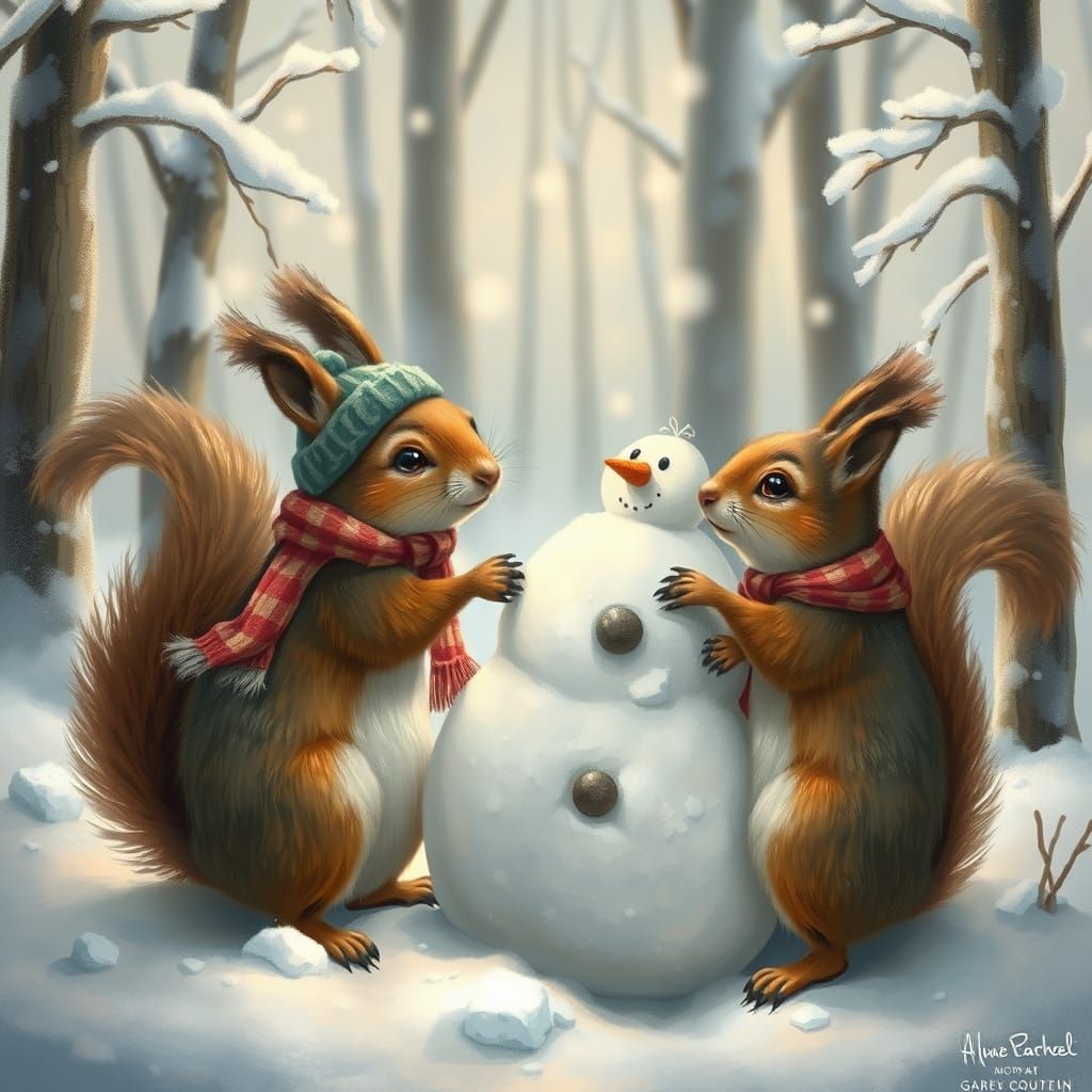 Squirrels Build Snowman in Children's Book Illustration Styl...