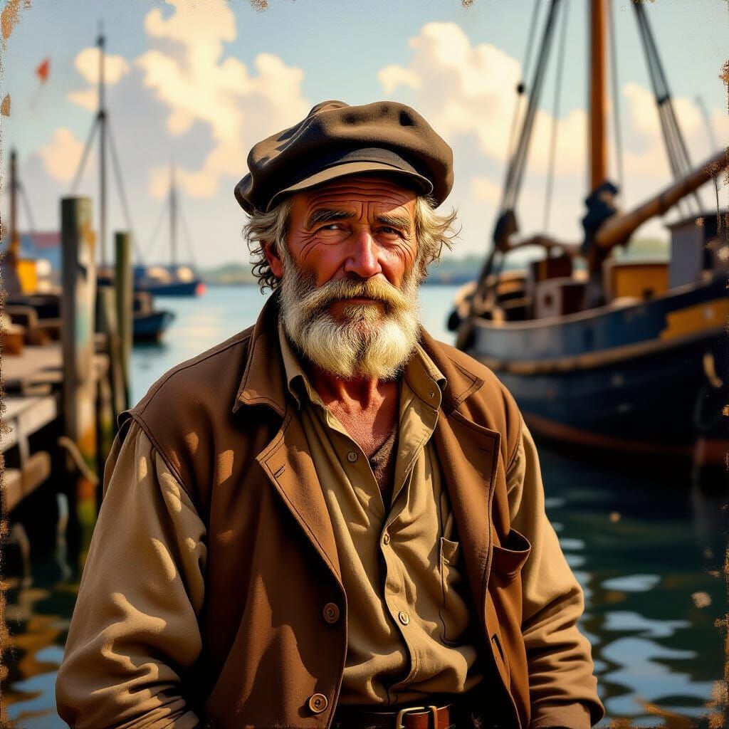 Old Sailor at Dockyard in Rembrandt-esque Oil Painting