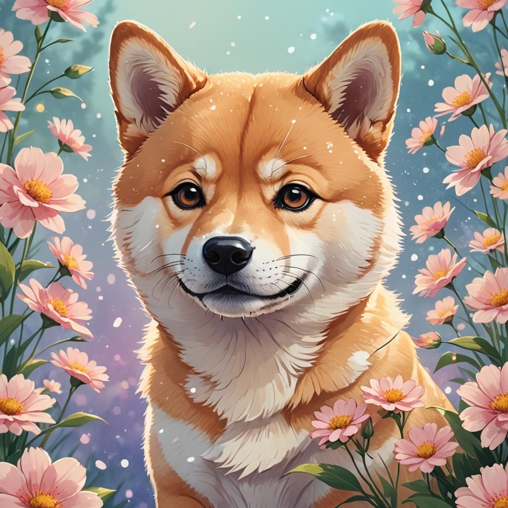 Shiba Inu Smelling Flower in Moe Anime Style