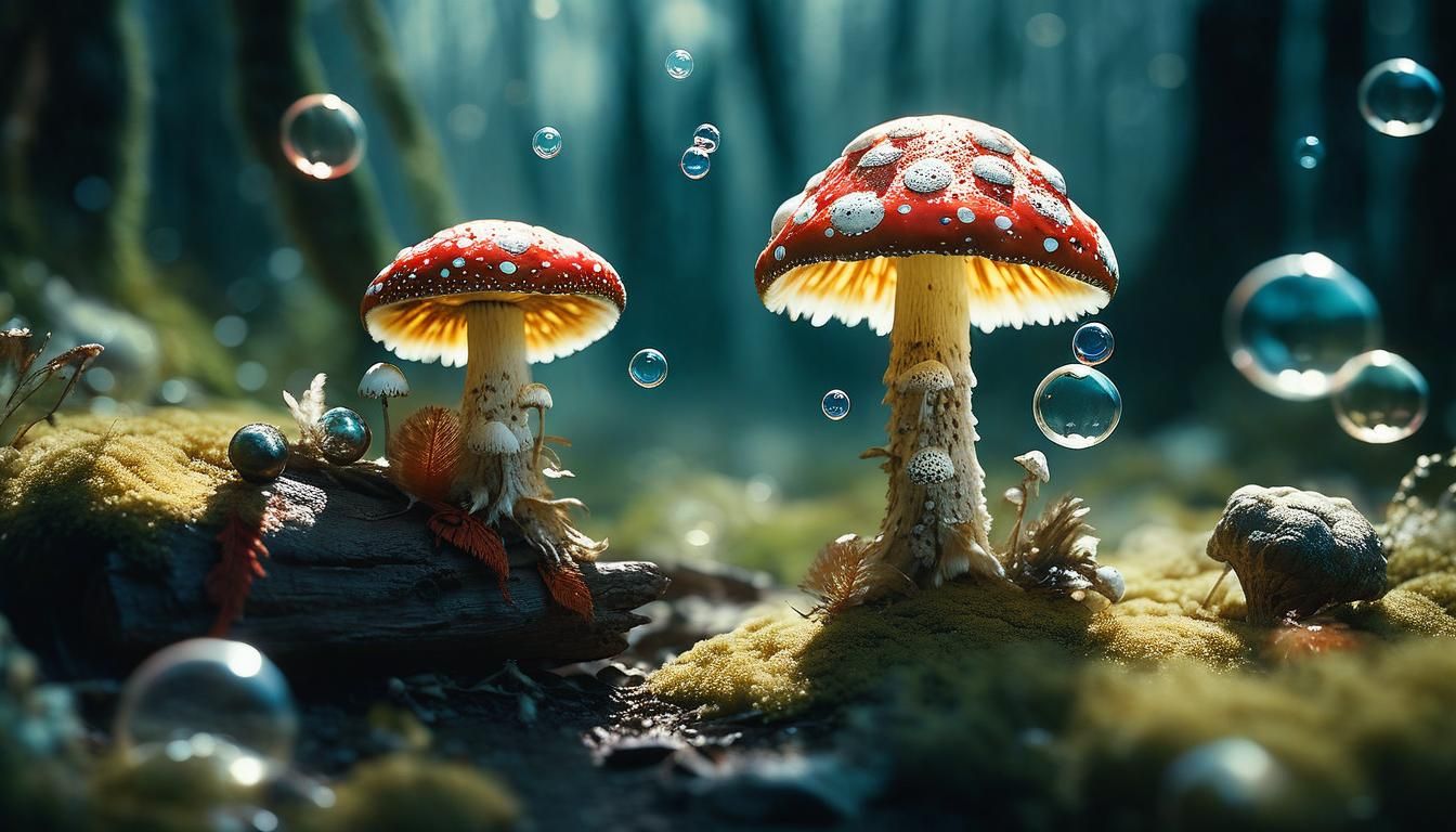 Whimsical Fairy Realm with Vibrant Mushrooms and Iridescent....