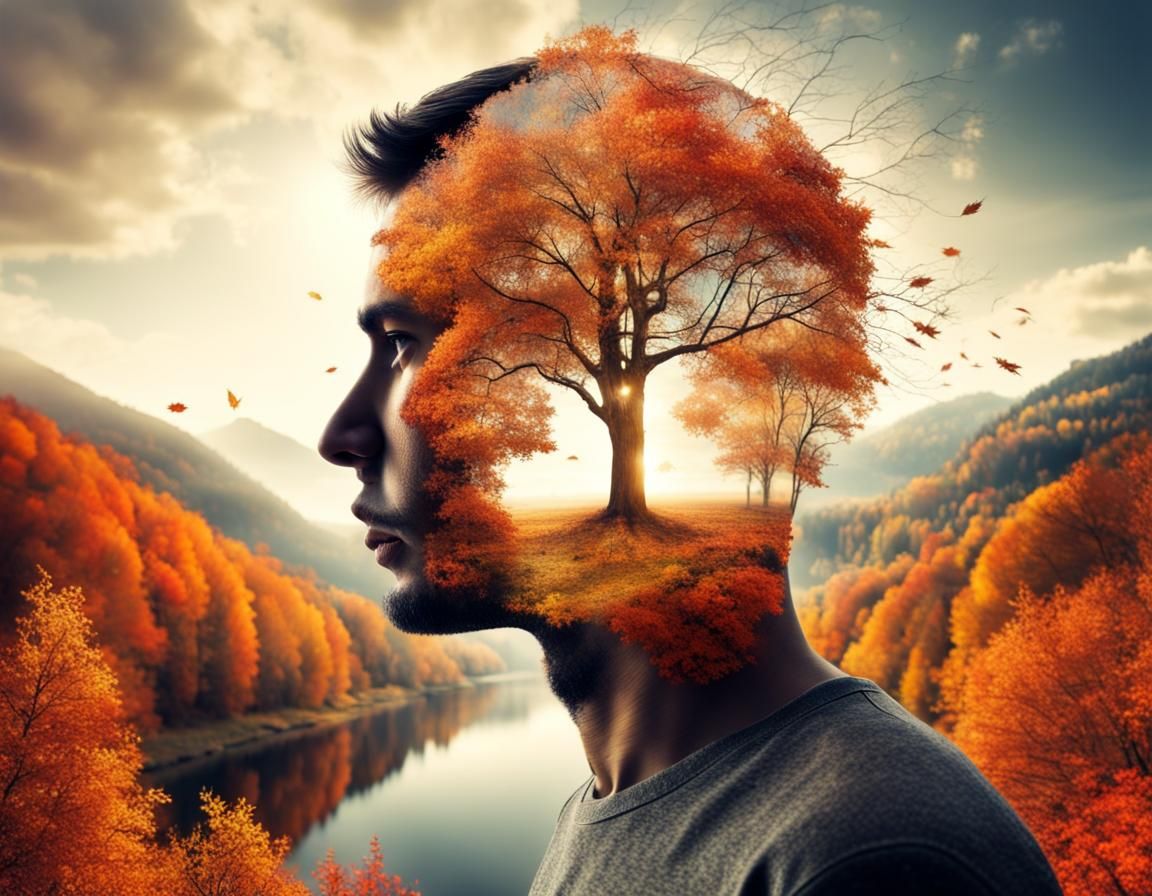 Double Exposure of Mind and Autumn Landscape