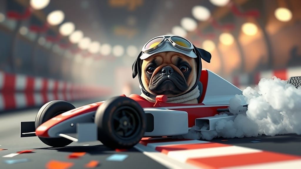 Pug Races Formula 1 Car in Pixar Animation Style