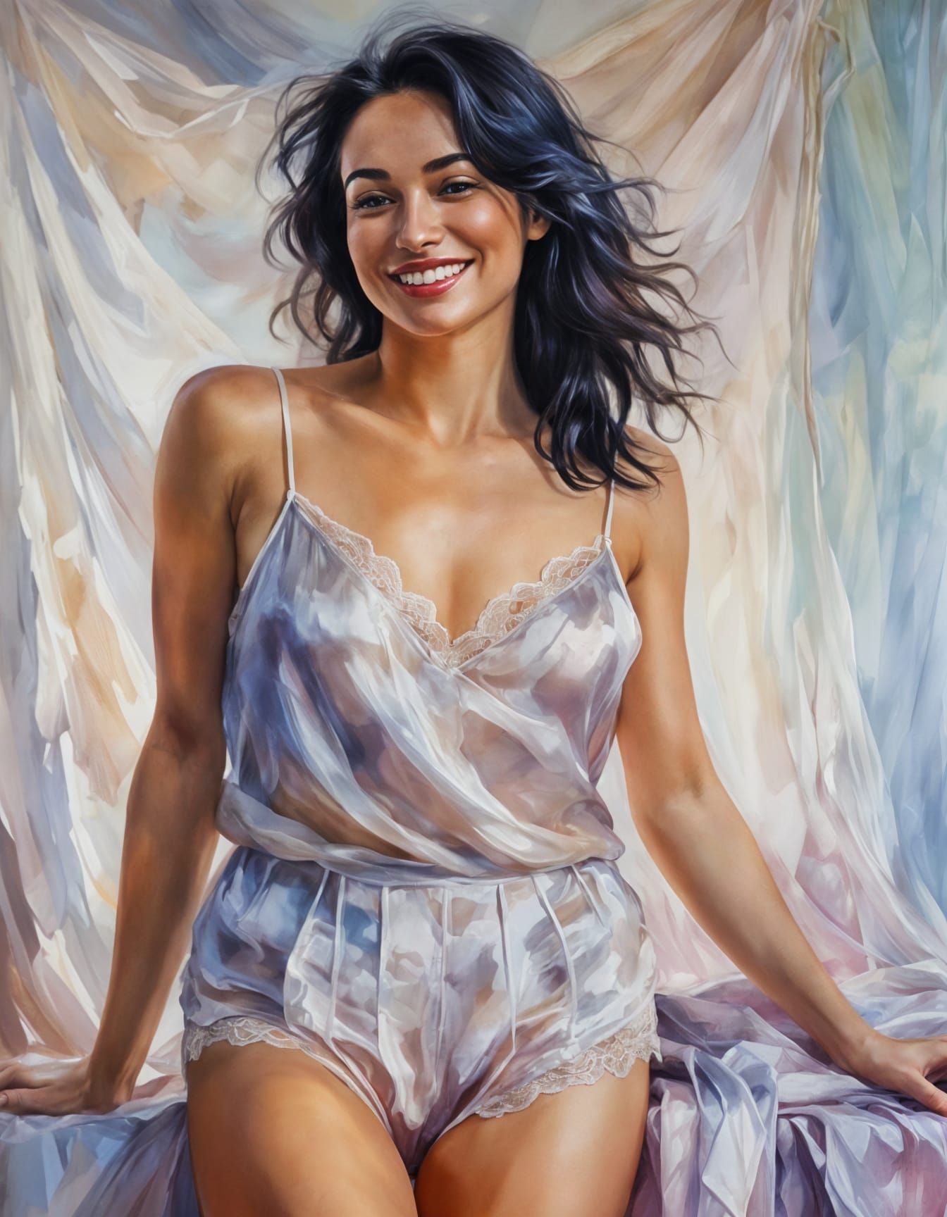Smiling Woman in Silk Lingerie
