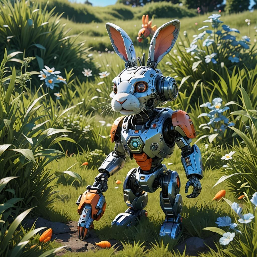 Cute Cyborg Rabbit in Grassy Sci-Fi Landscape