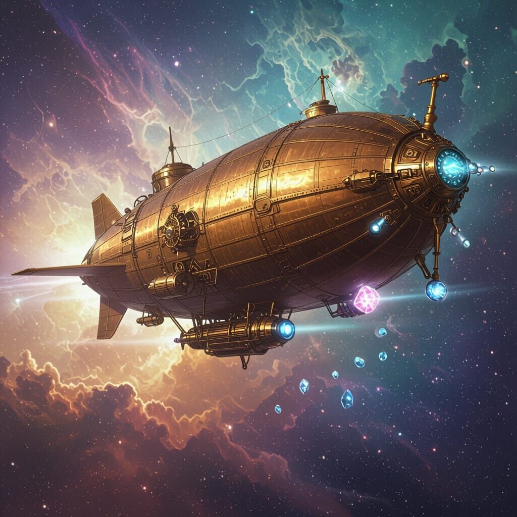 Steampunk Airship Navigating Nebula with Swirling Colors