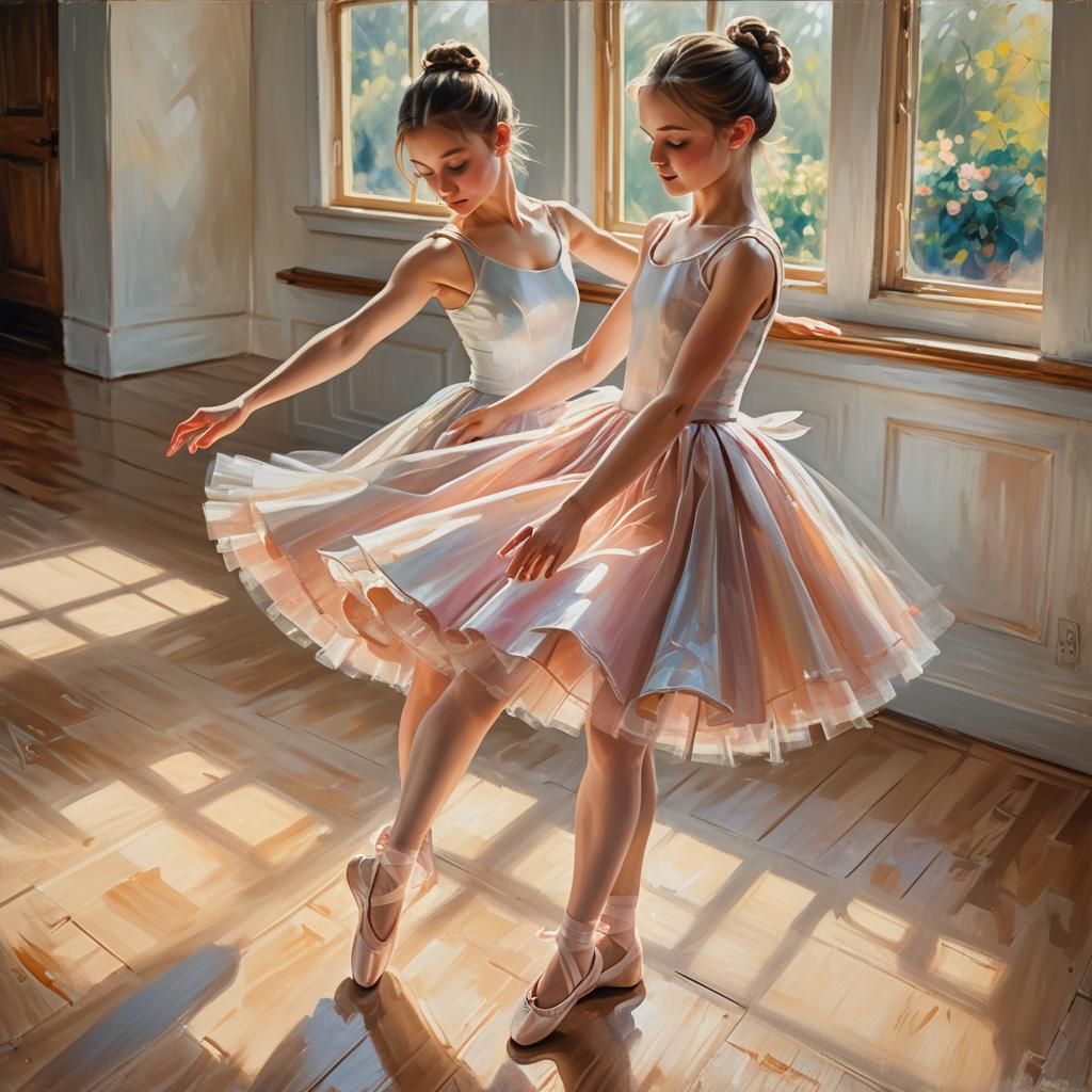 Ballerina Girl Dancing in Sunlit Studio as Oil Painting