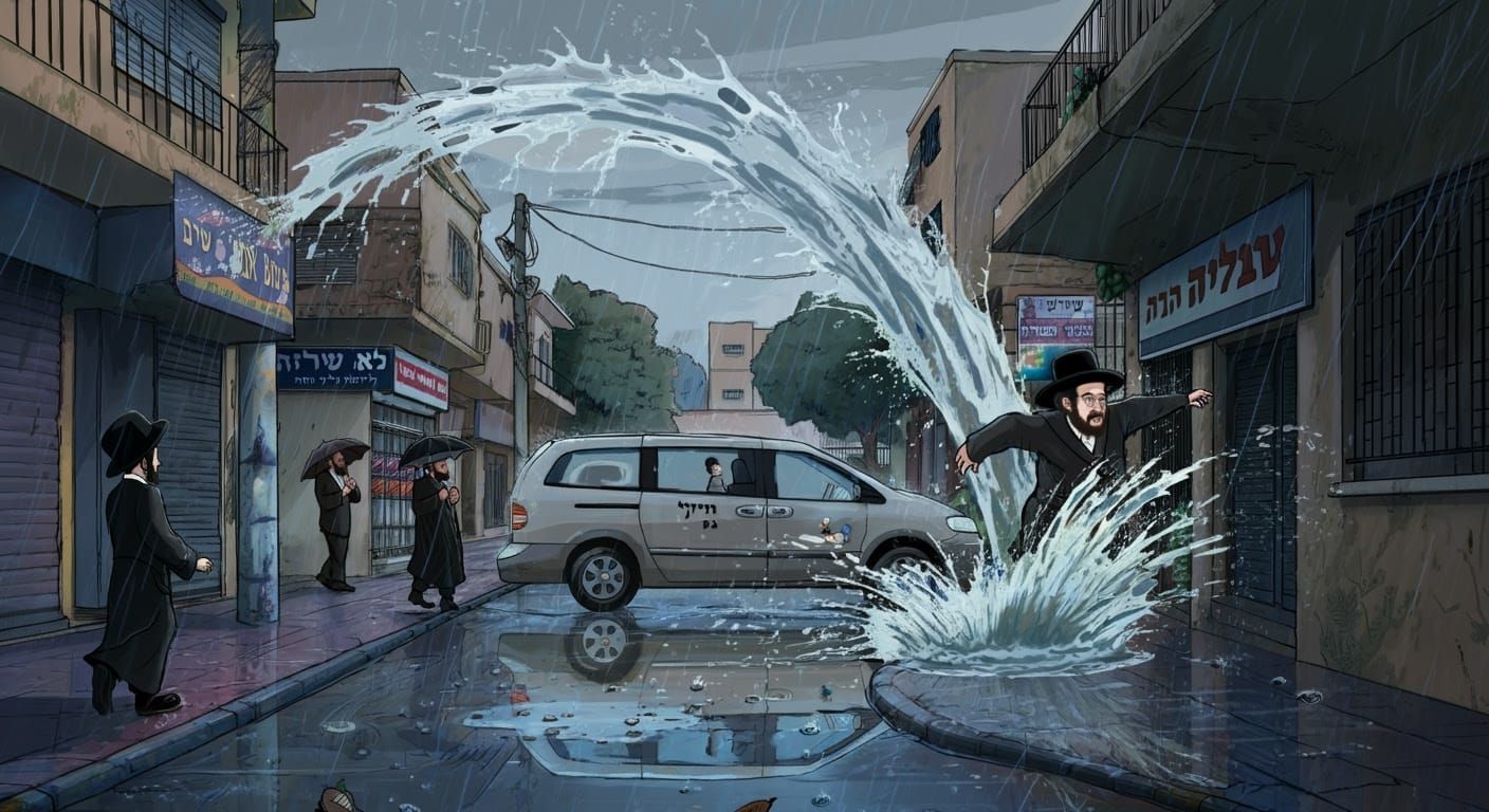 Realistic Comic Art of a Hasidic Man Caught in a Rainy Stree...
