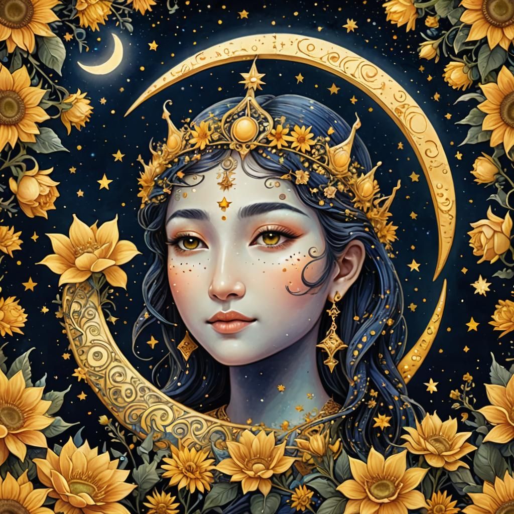 Crescent Moon with Face in Starry Night Sky