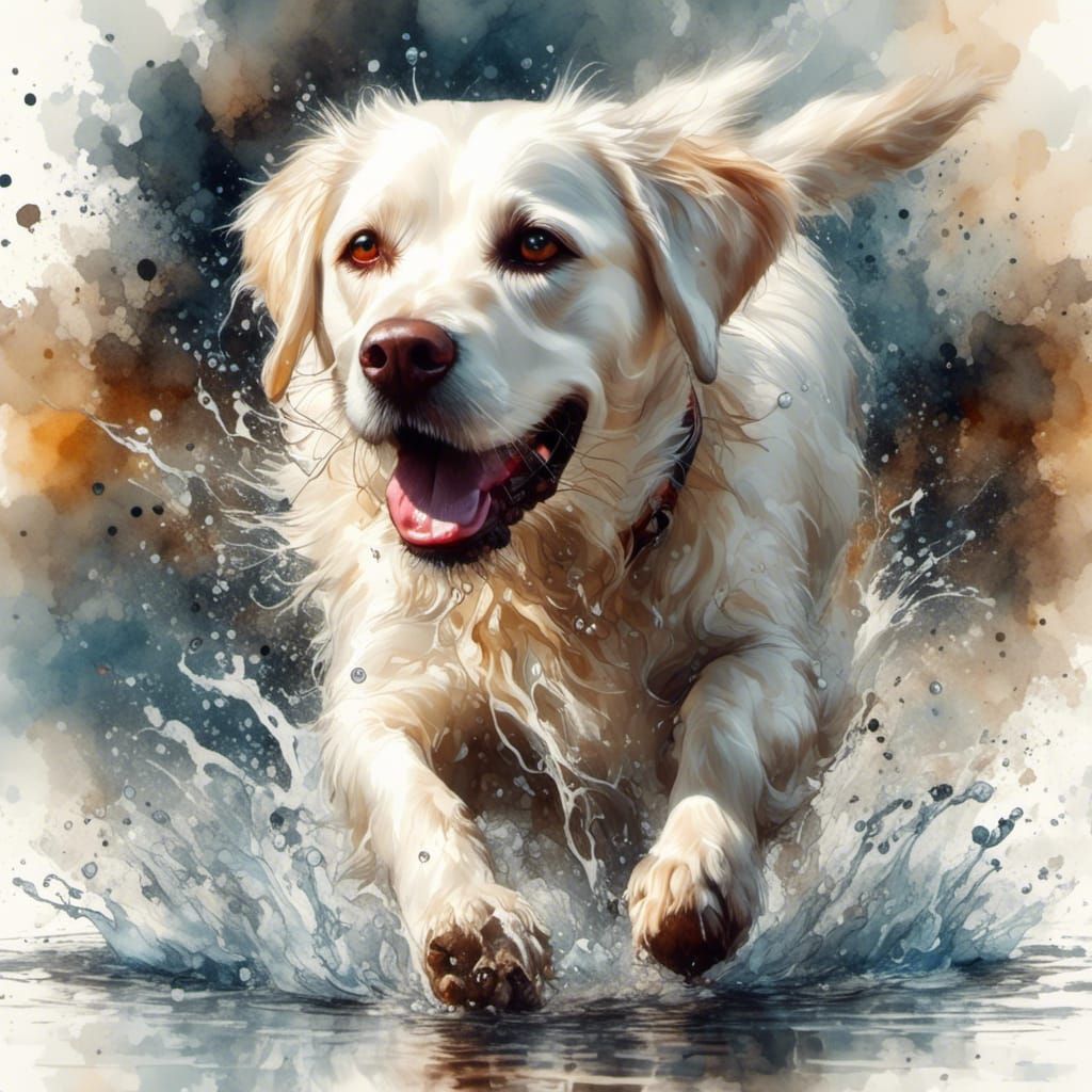 Joyful Labrador Retriever Splashing in Neon Grunge Style