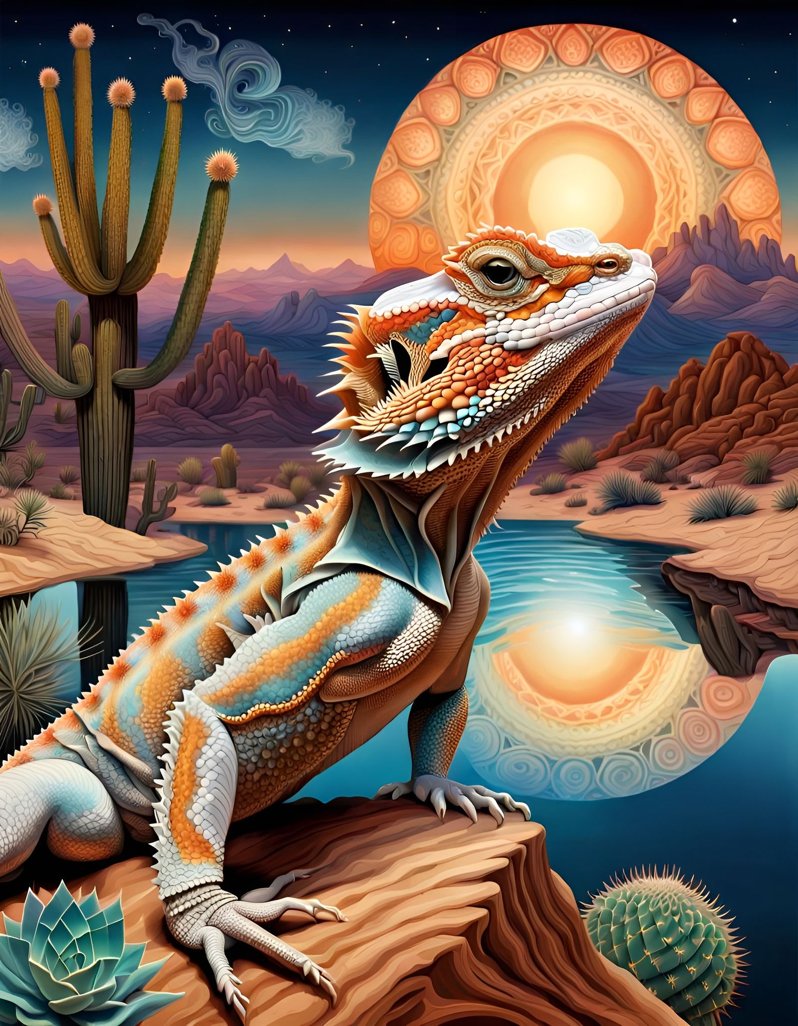 Ornate Bearded Dragon at Twilight Desert Lake
