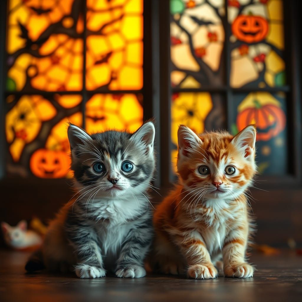 Kittens Gaze at Halloween Stained Glass Window