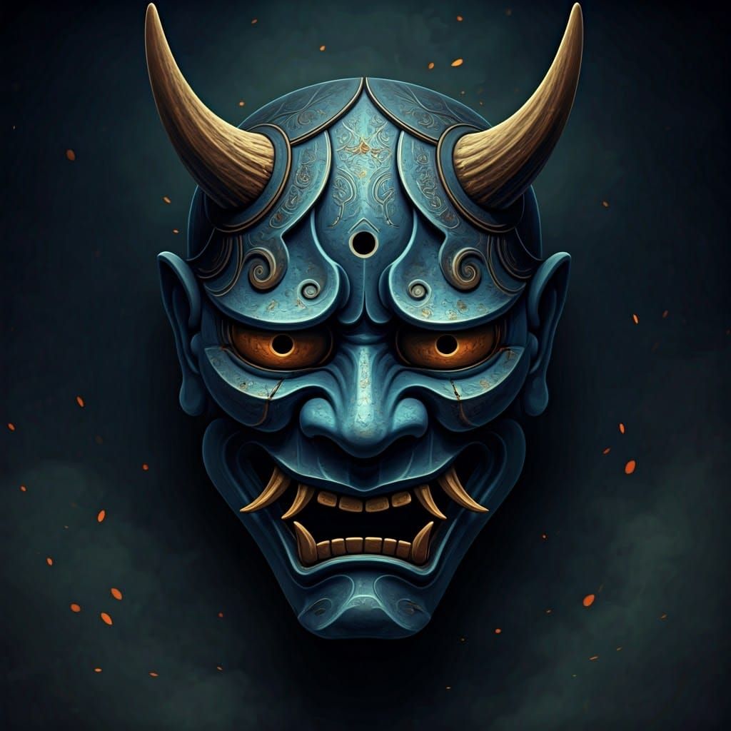 Ancient, Mystical Blue Oni Mask in Golden Brown