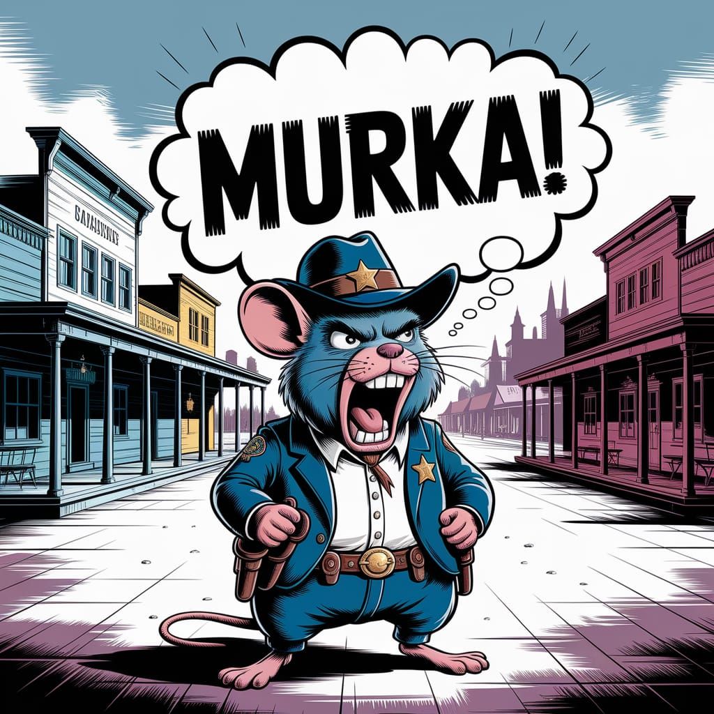 Angry Mouse Sheriff in Wild West Town, Digital Painting