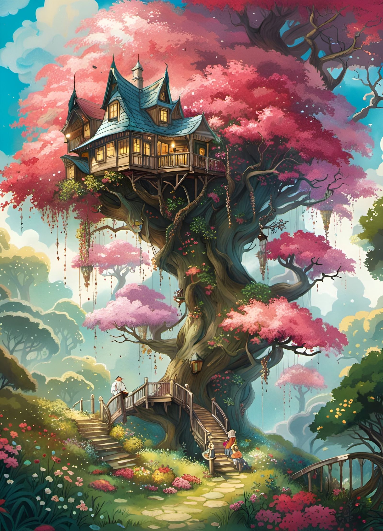 Sparkling Fairy Treehouse Forest in Airbrush Style