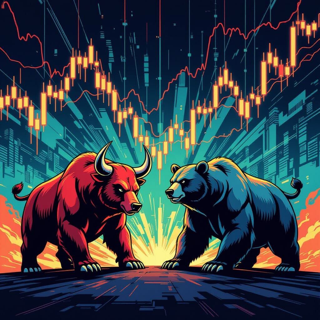 Bulls vs Bears: Stock Market Struggle in Graphic Novel Style