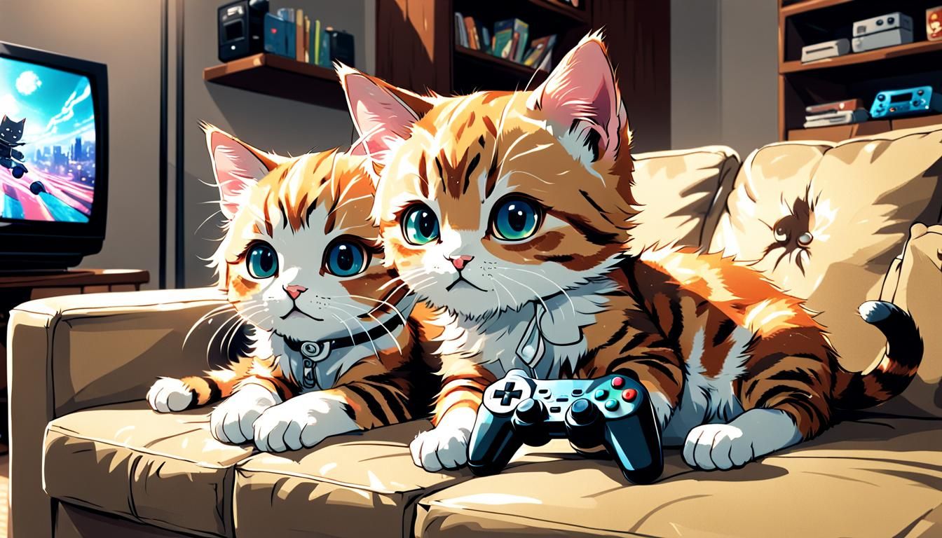Kittens Play Video Games in Anime Style