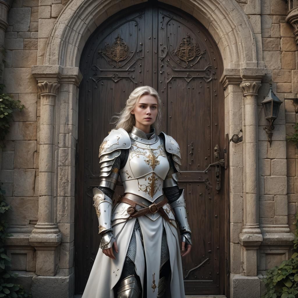 Knight Guarding Castle Doors in Detailed Fantasy Art